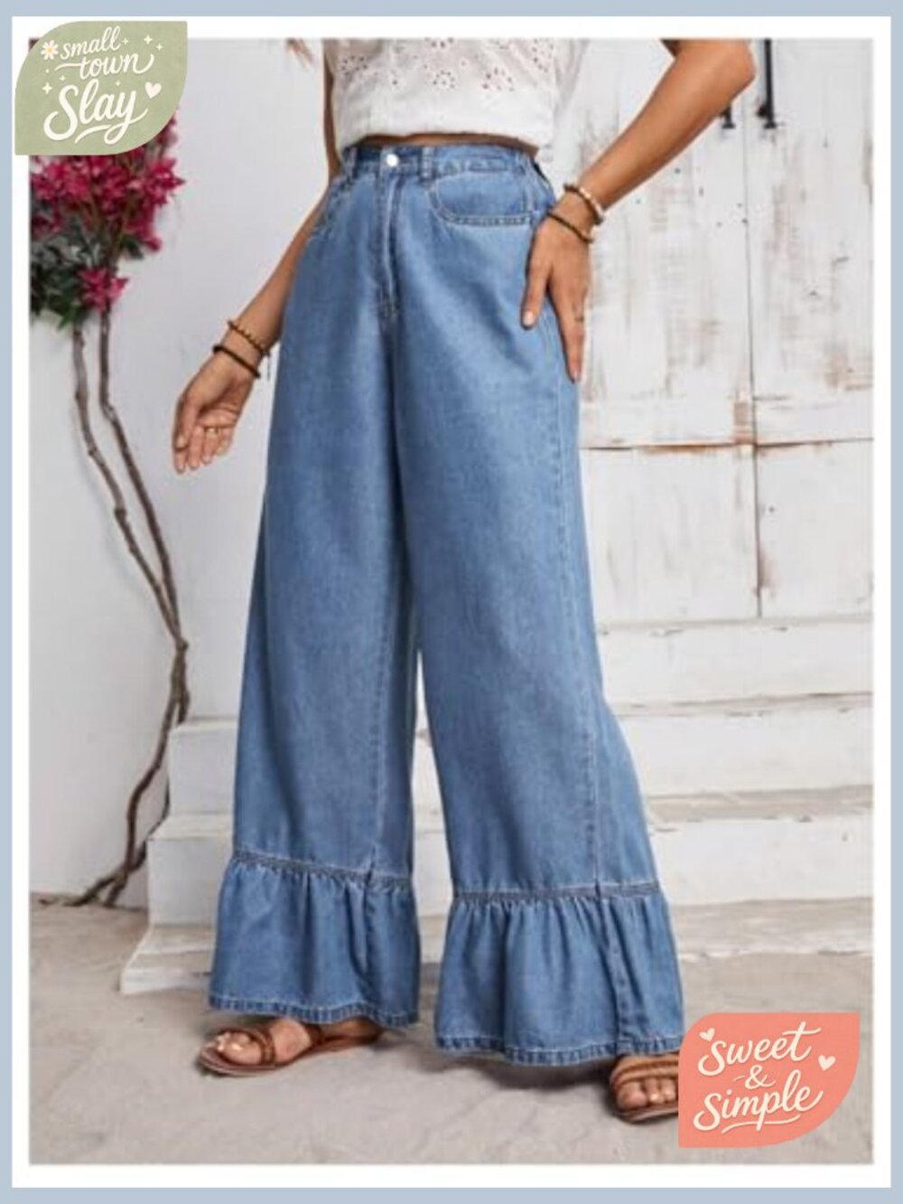 High Waist Wide Leg Ruffled Hem Baggy Jeans Denim Pants - Picture 6 of 6